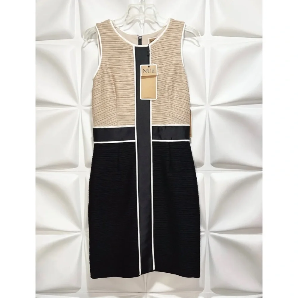 NUE by Shani Sz 6 Ruched Beige Black White Sheath Dress Shape Slimming